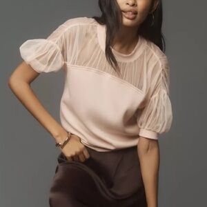 Anthropologie Maeve Short Sleeve Sheer Inset Knit Top Pink